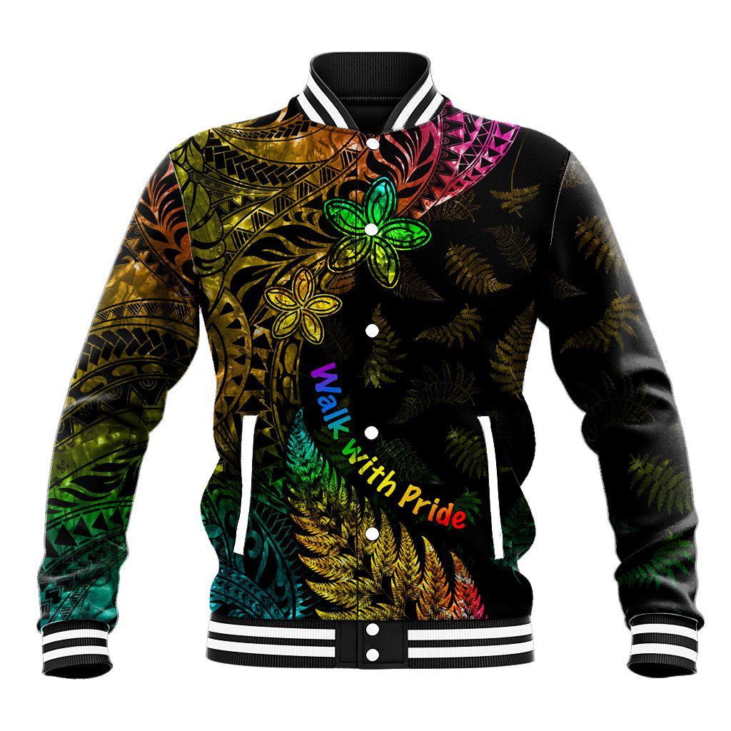 Personalised New Zealand Wellington Pride Baseball Jacket Rainbow Silver Fern Paua Shell LT05 Unisex Black - Polynesian Pride