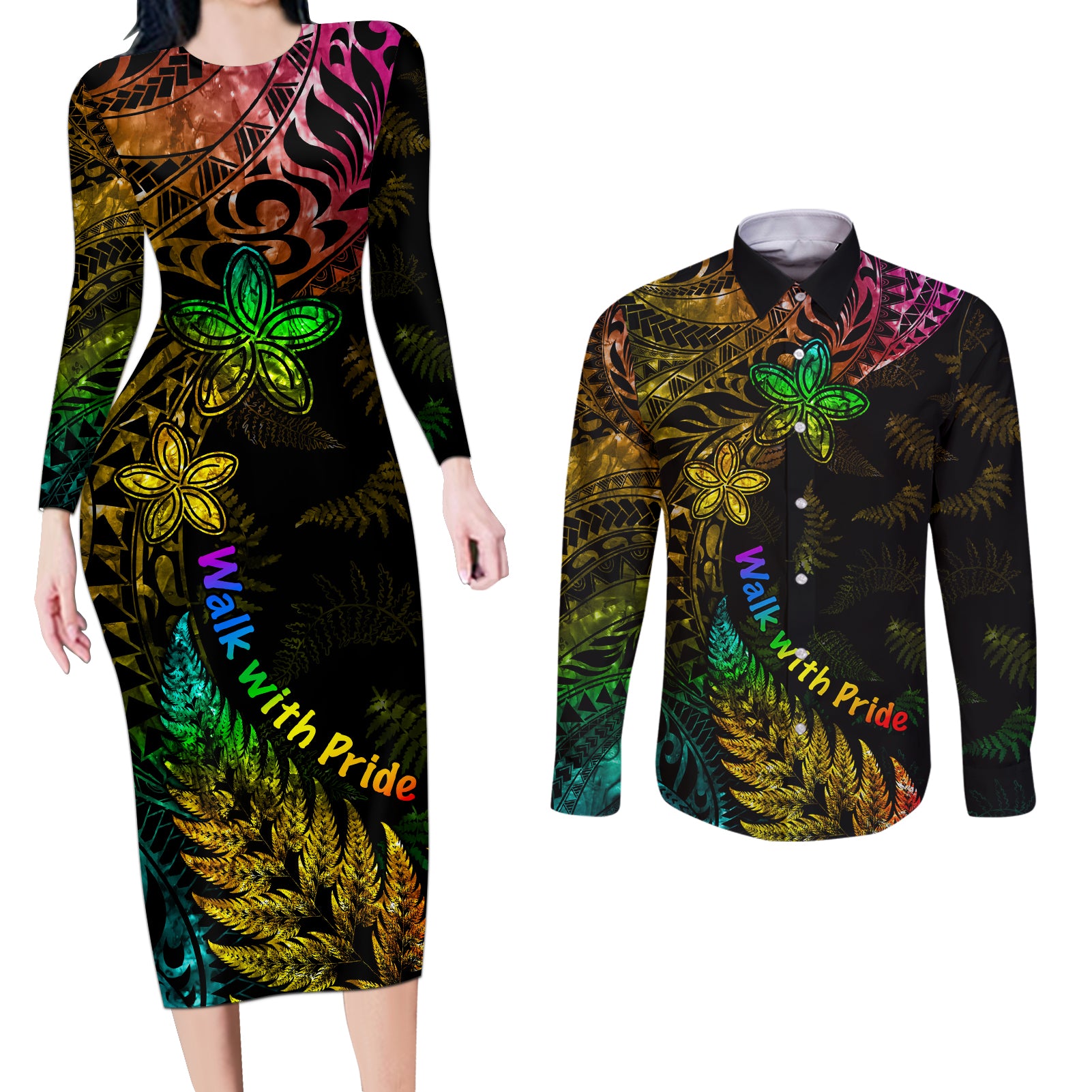 Personalised New Zealand Wellington Pride Couples Matching Long Sleeve Bodycon Dress and Long Sleeve Button Shirt Rainbow Silver Fern Paua Shell LT05 Black - Polynesian Pride