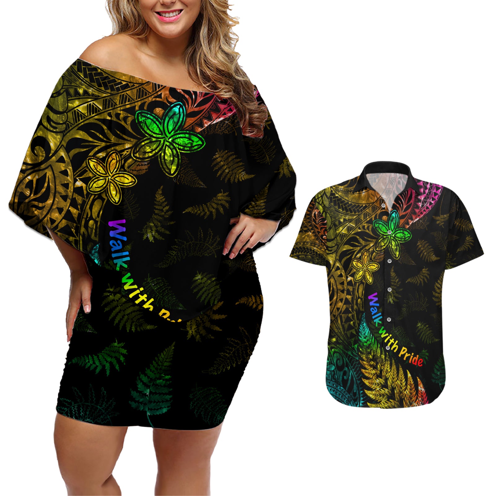 Personalised New Zealand Wellington Pride Couples Matching Off Shoulder Short Dress and Hawaiian Shirt Rainbow Silver Fern Paua Shell LT05 Black - Polynesian Pride