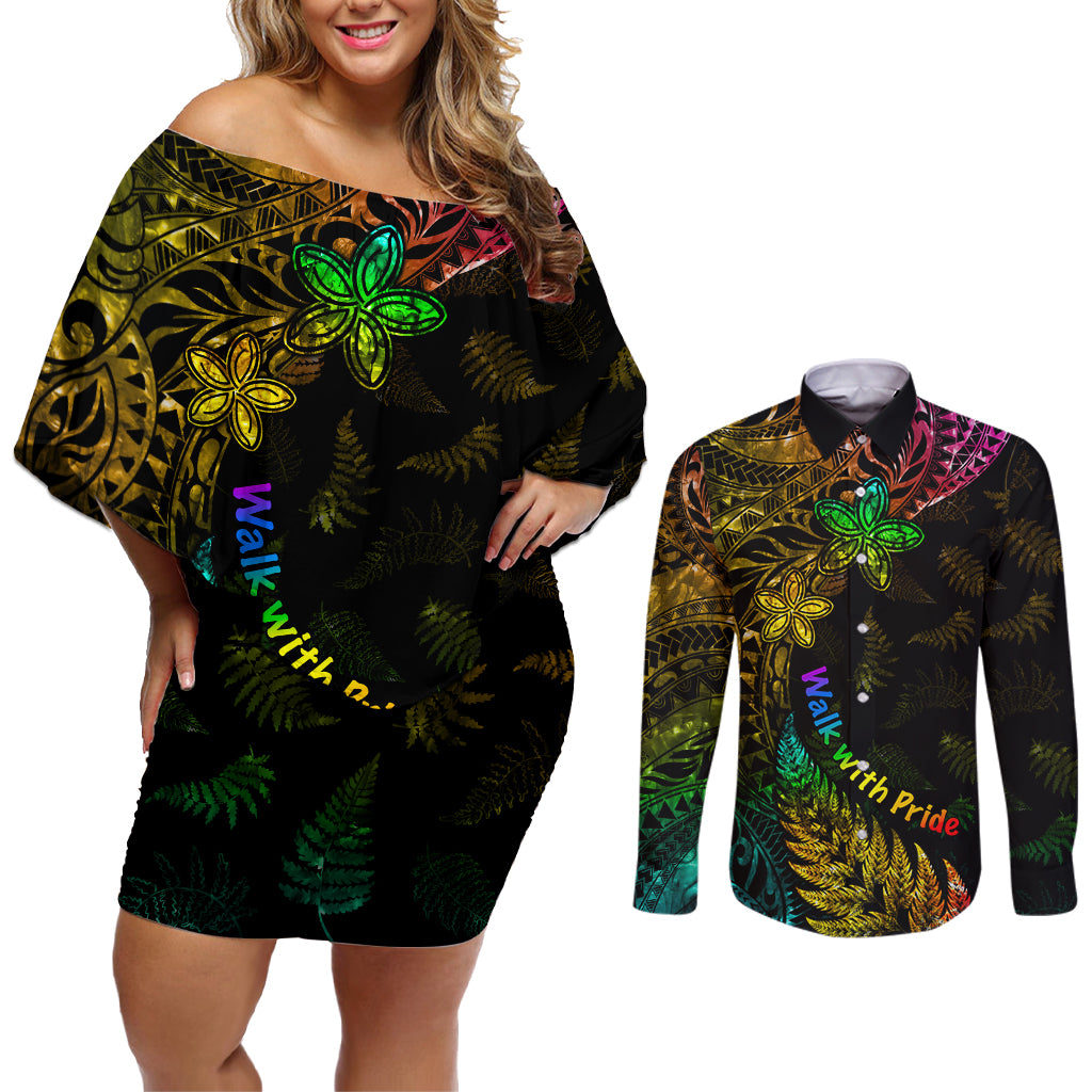 Personalised New Zealand Wellington Pride Couples Matching Off Shoulder Short Dress and Long Sleeve Button Shirt Rainbow Silver Fern Paua Shell LT05 Black - Polynesian Pride