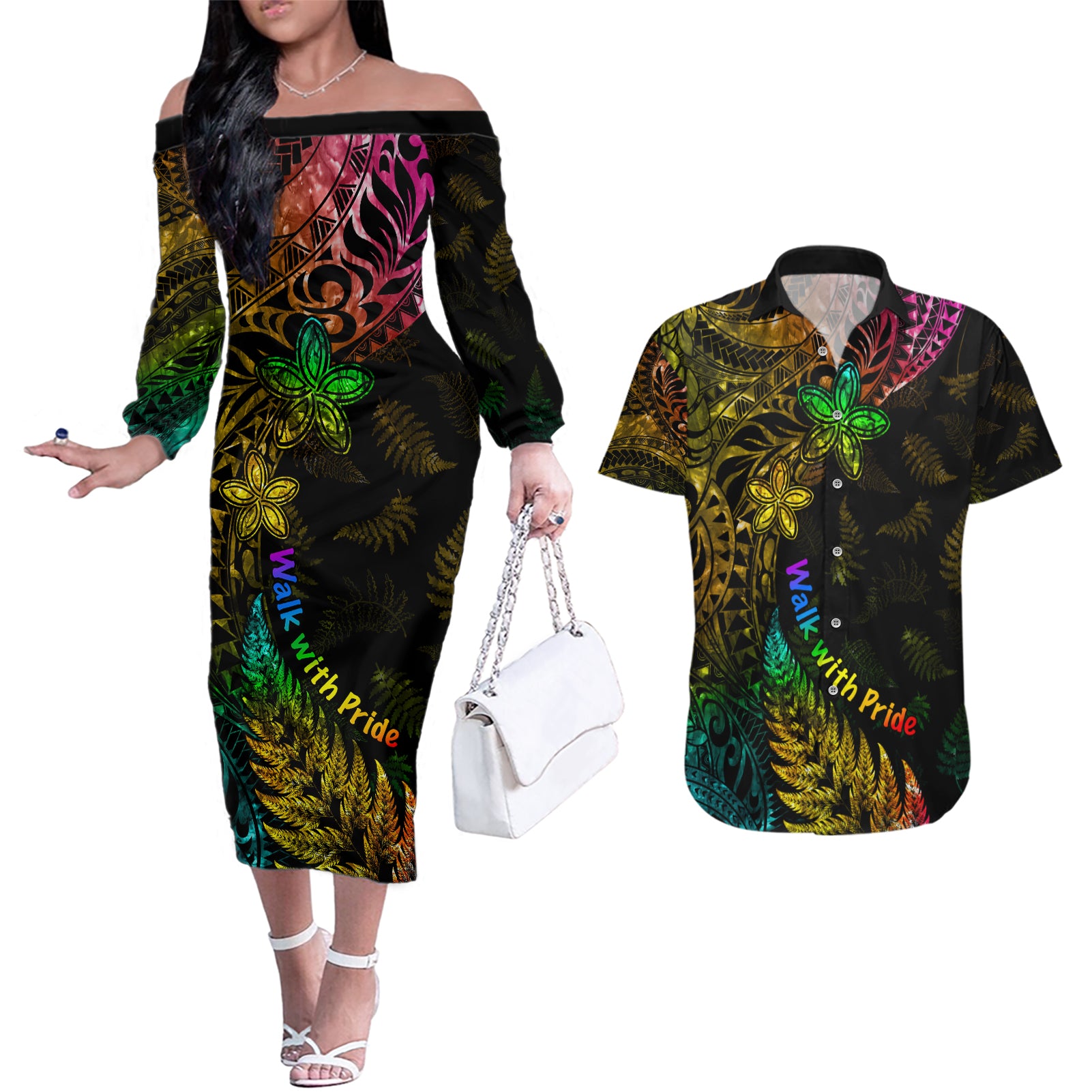 Personalised New Zealand Wellington Pride Couples Matching Off The Shoulder Long Sleeve Dress and Hawaiian Shirt Rainbow Silver Fern Paua Shell LT05 Black - Polynesian Pride