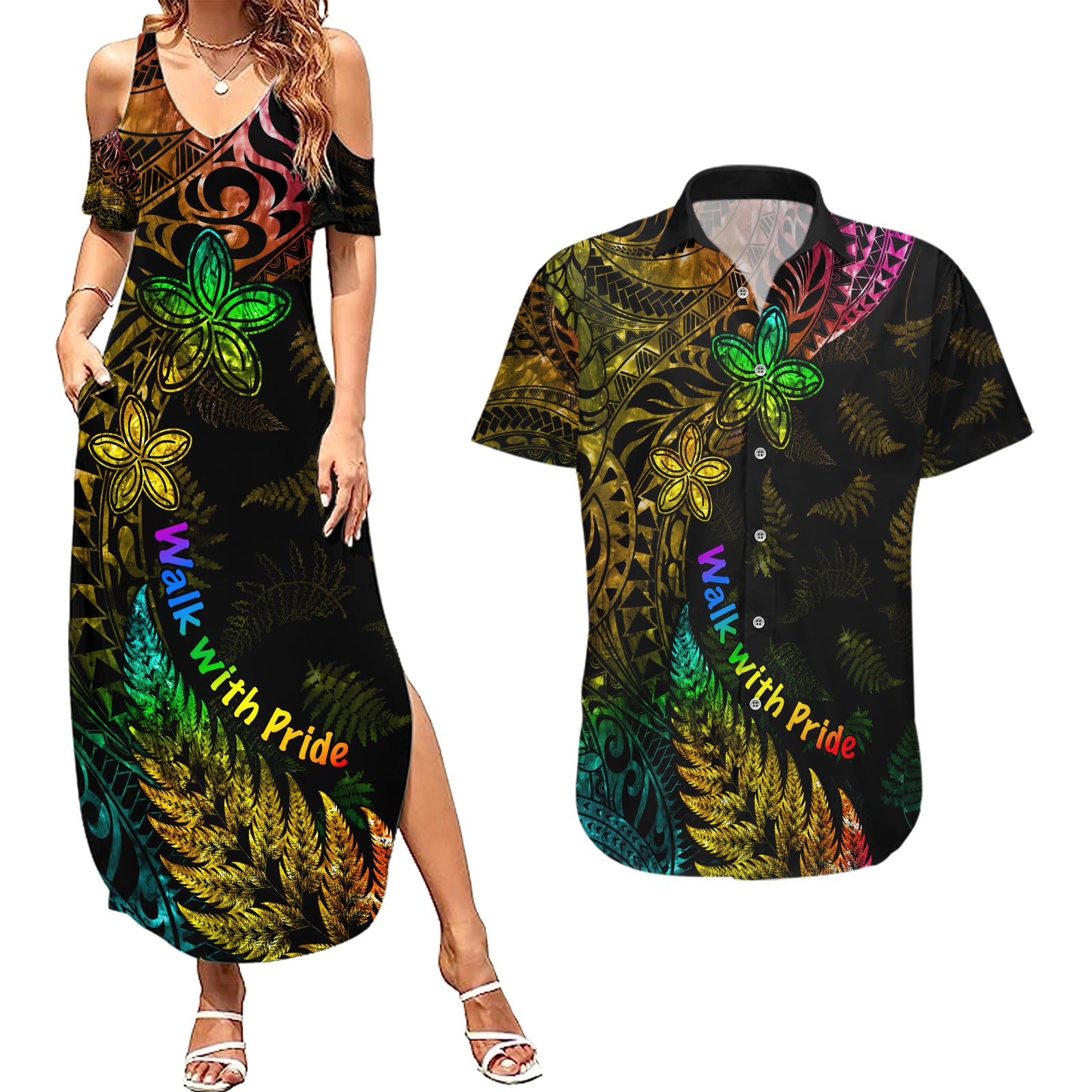 Personalised New Zealand Wellington Pride Couples Matching Summer Maxi Dress and Hawaiian Shirt Rainbow Silver Fern Paua Shell LT05 Black - Polynesian Pride