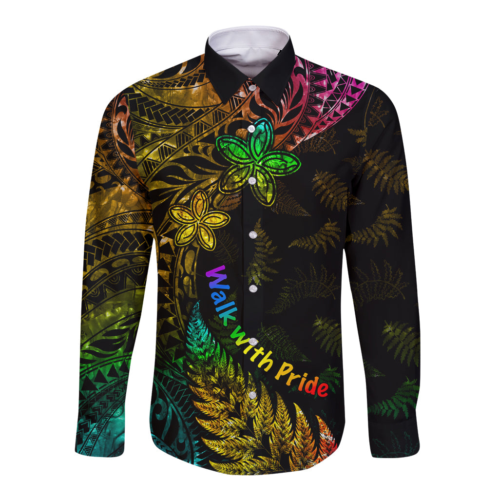 Personalised New Zealand Wellington Pride Long Sleeve Button Shirt Rainbow Silver Fern Paua Shell LT05 Unisex Black - Polynesian Pride