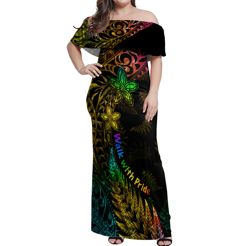 Personalised New Zealand Wellington Pride Off Shoulder Maxi Dress Rainbow Silver Fern Paua Shell LT05 Women Black - Polynesian Pride