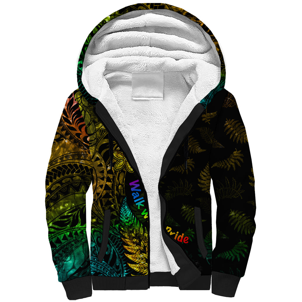 Personalised New Zealand Wellington Pride Sherpa Hoodie Rainbow Silver Fern Paua Shell LT05 Unisex Black - Polynesian Pride