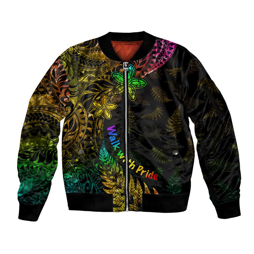 Personalised New Zealand Wellington Pride Sleeve Zip Bomber Jacket Rainbow Silver Fern Paua Shell LT05 Unisex Black - Polynesian Pride