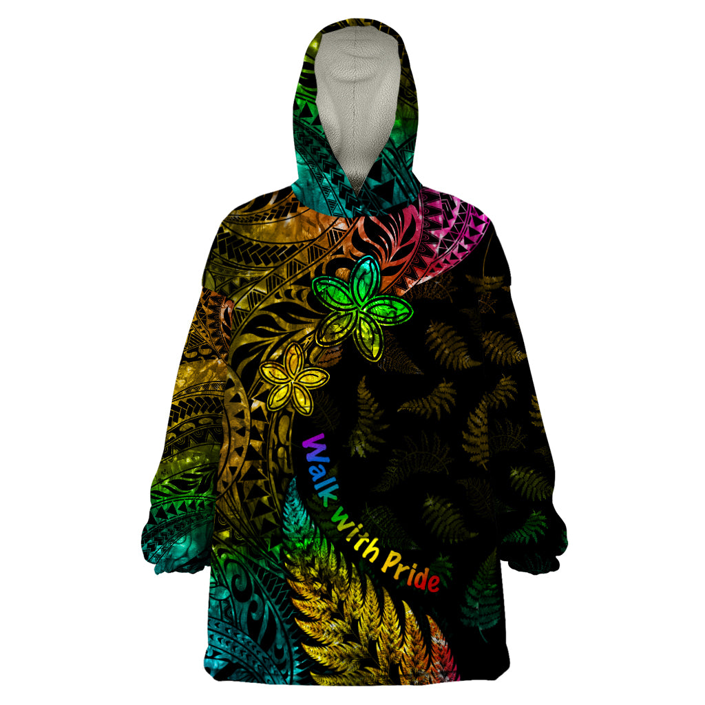 Personalised New Zealand Wellington Pride Wearable Blanket Hoodie Rainbow Silver Fern Paua Shell LT05 One Size Black - Polynesian Pride