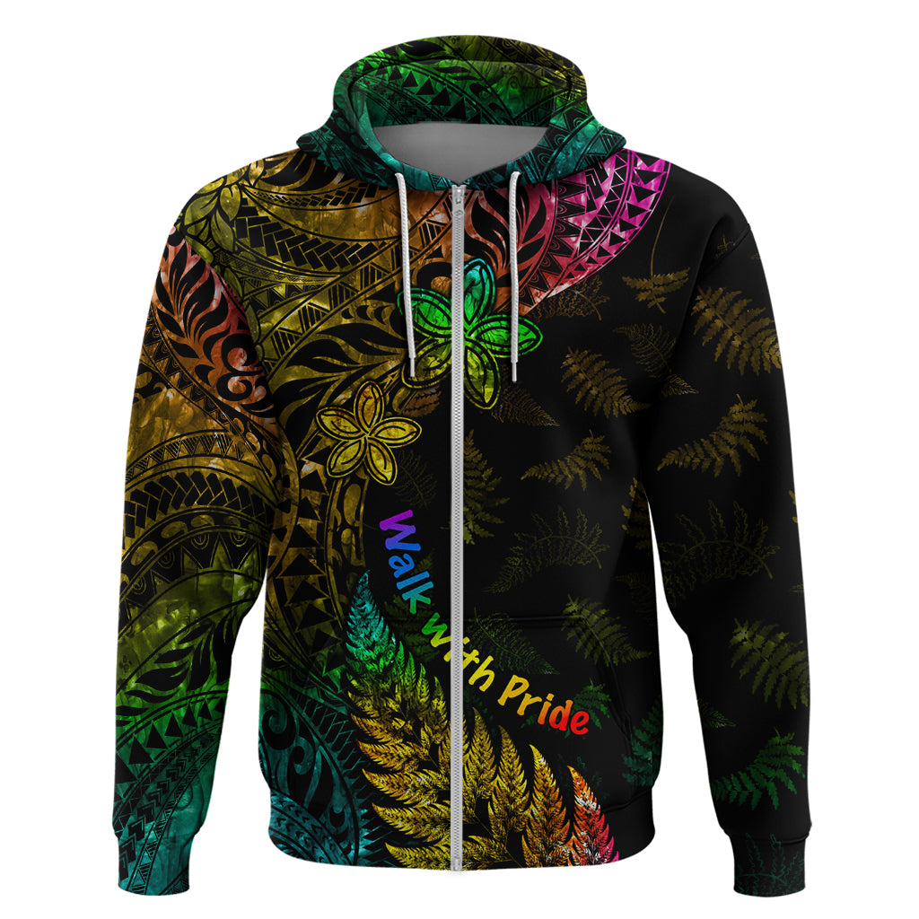 Personalised New Zealand Wellington Pride Zip Hoodie Rainbow Silver Fern Paua Shell LT05 Zip Hoodie Black - Polynesian Pride