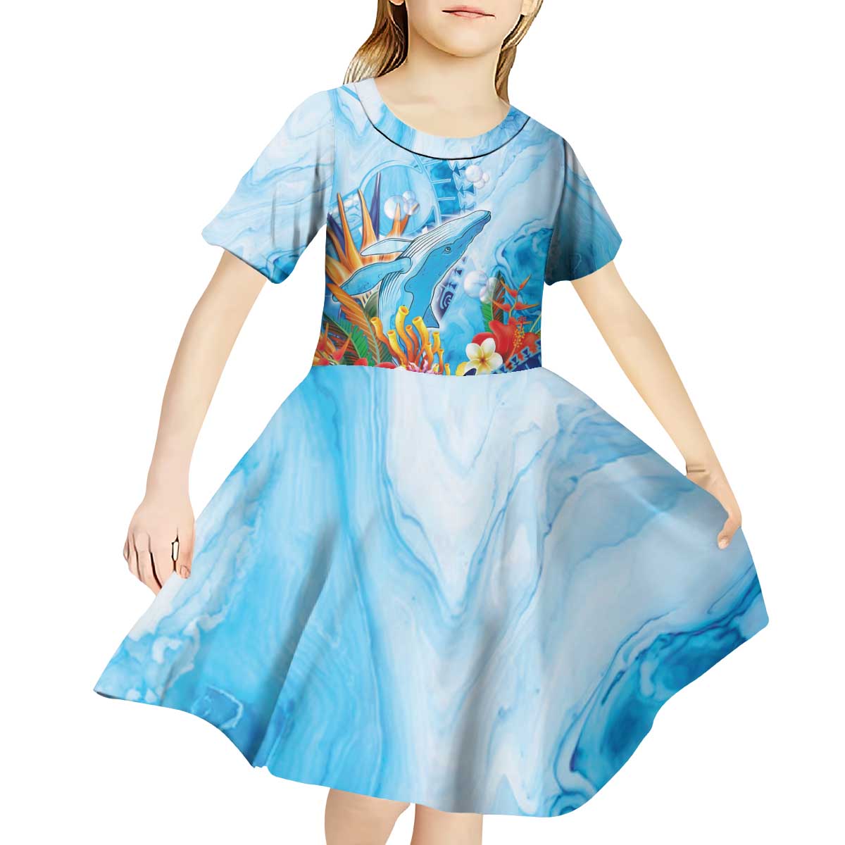Polynesia Humpback Whale Kid Short Sleeve Dress Ocean Style LT05 - Polynesian Pride
