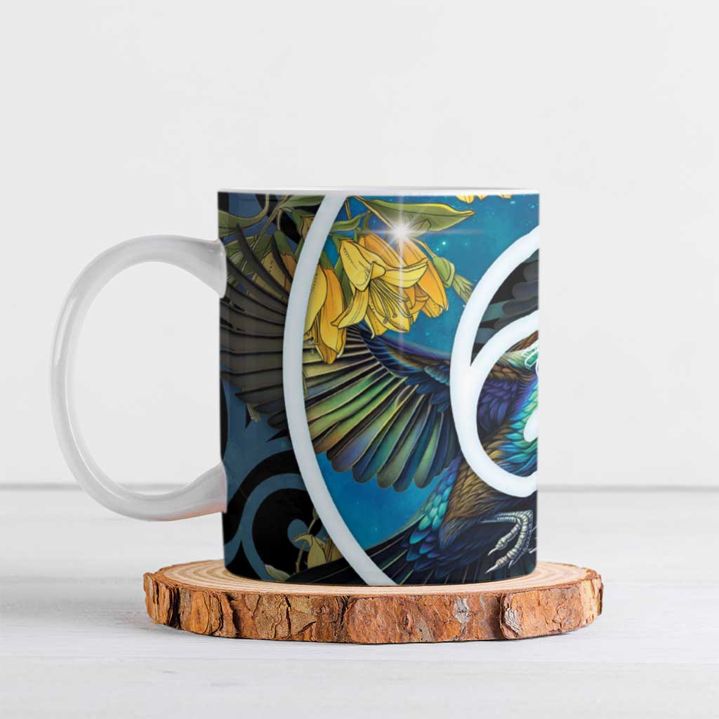 New Zealand Tui Bird Ceramic Mug Maori Koru With Kowhai Flowers LT05 Black - Polynesian Pride