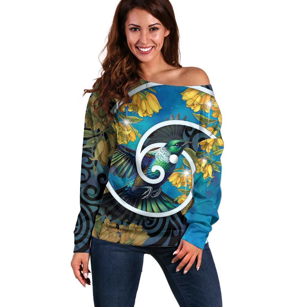 New Zealand Tui Bird Off Shoulder Sweater Maori Koru With Kowhai Flowers LT05 Women Black - Polynesian Pride