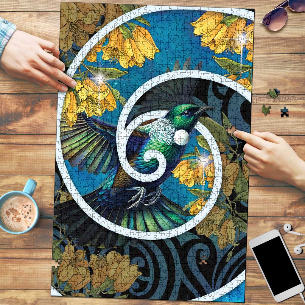 New Zealand Tui Bird Puzzle Maori Koru With Kowhai Flowers LT05 Black - Polynesian Pride