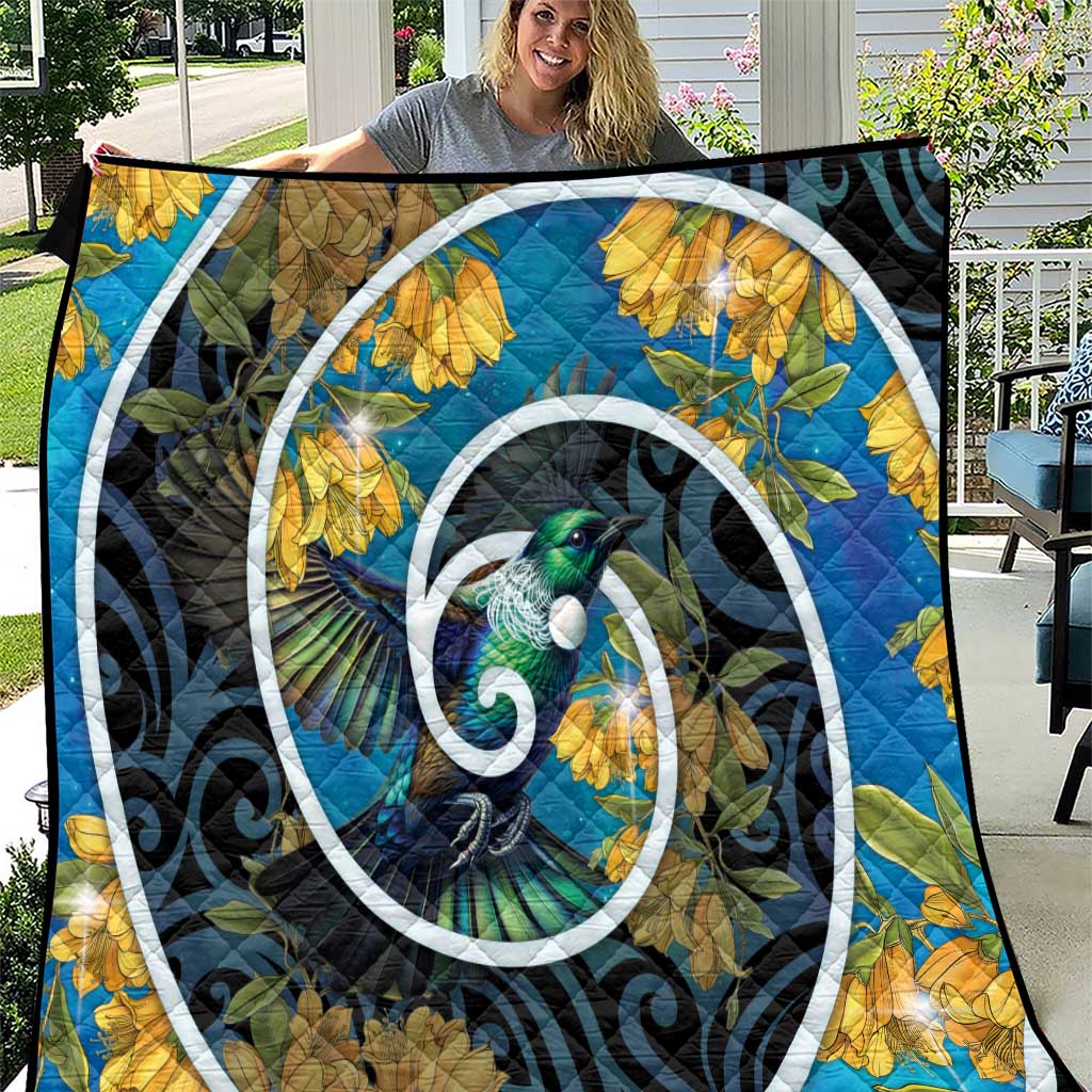 New Zealand Tui Bird Quilt Maori Koru With Kowhai Flowers LT05 Black - Polynesian Pride