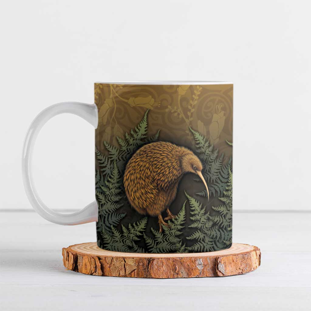 New Zealand Kiwi Bird Ceramic Mug Silver Fern Mix Maori Pattern LT05 Brown - Polynesian Pride