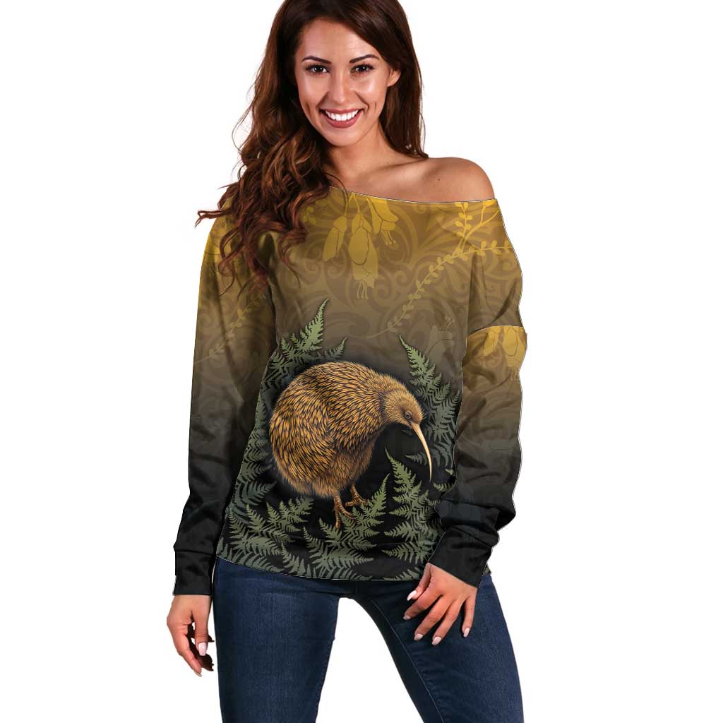 New Zealand Kiwi Bird Off Shoulder Sweater Silver Fern Mix Maori Pattern LT05 Women Brown - Polynesian Pride
