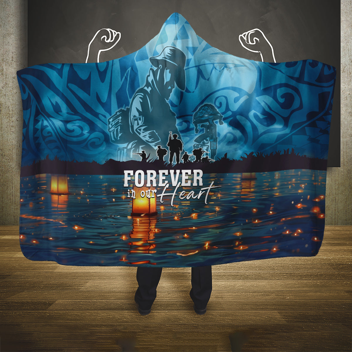 Hawaii Memorial Day Lantern Floating Hooded Blanket Always In Our Hearts LT05 One Size Blue - Polynesian Pride