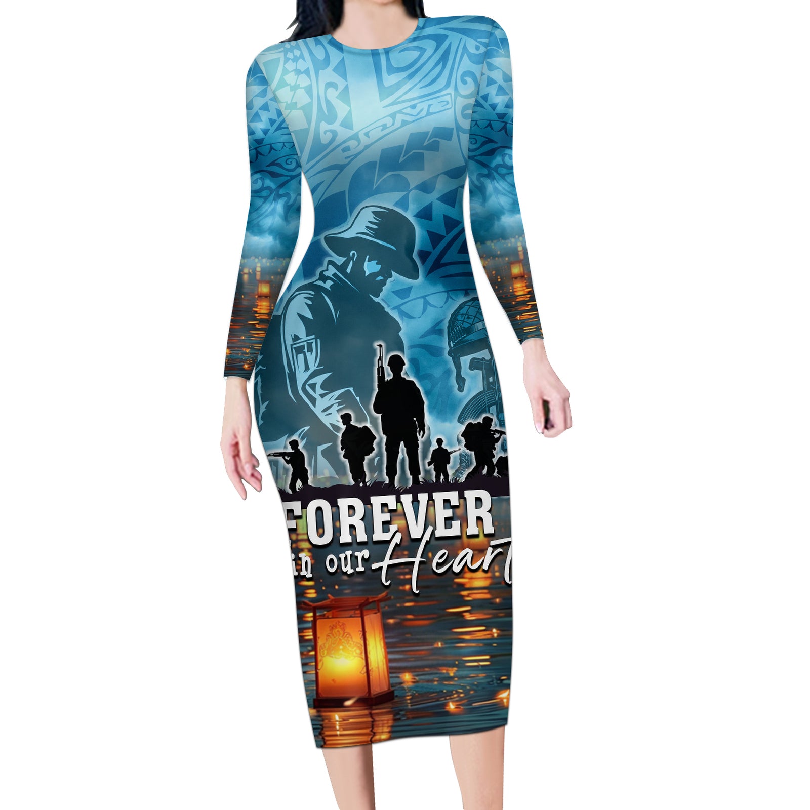Hawaii Memorial Day Lantern Floating Long Sleeve Bodycon Dress Always In Our Hearts LT05 Long Dress Blue - Polynesian Pride