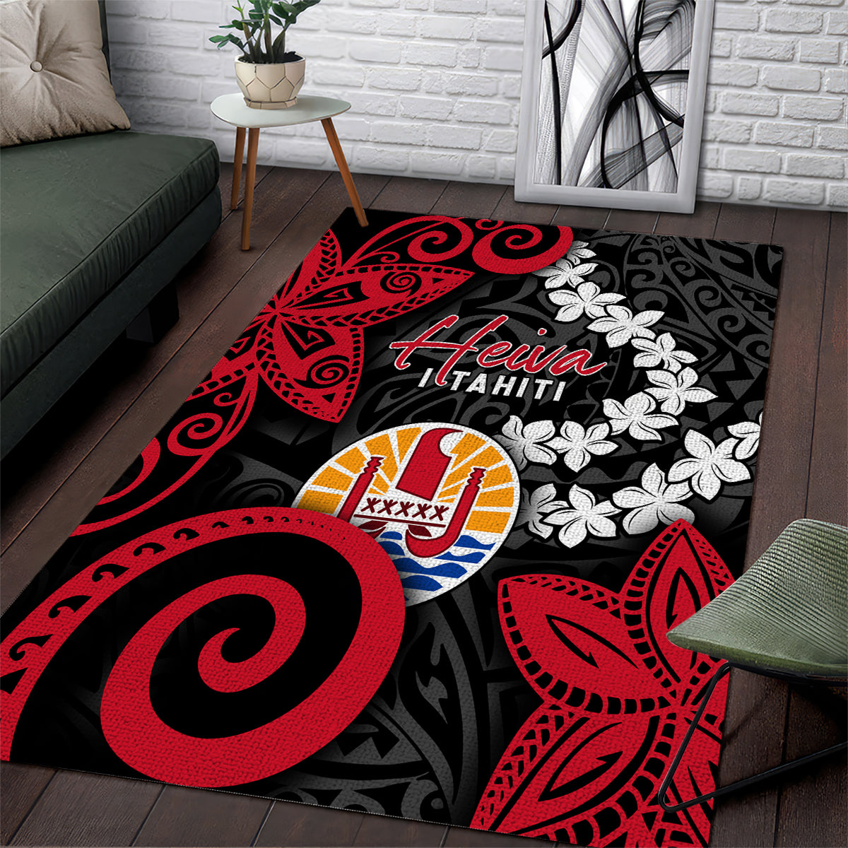 Tahiti Heiva Festival Area Rug Floral Pattern With Coat Of Arms LT05 Black - Polynesian Pride