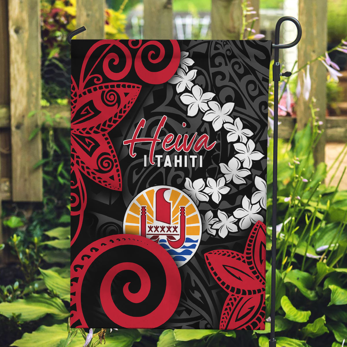 Tahiti Heiva Festival Garden Flag Floral Pattern With Coat Of Arms LT05 Garden Flag Black - Polynesian Pride