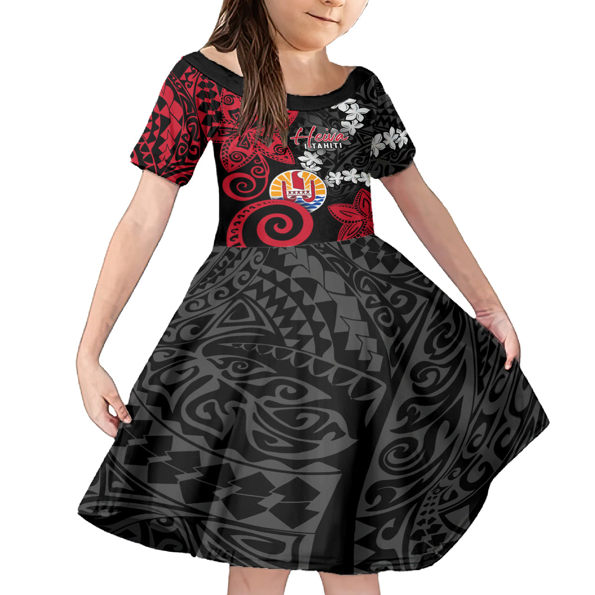Tahiti Heiva Festival Kid Short Sleeve Dress Floral Pattern With Coat Of Arms LT05 KID Black - Polynesian Pride