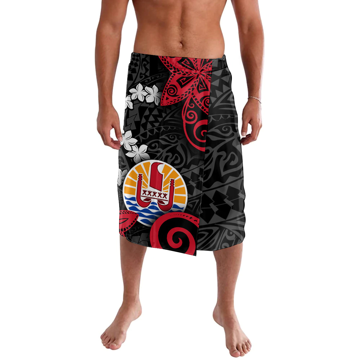 Tahiti Heiva Festival Lavalava Floral Pattern With Coat Of Arms LT05 Black - Polynesian Pride