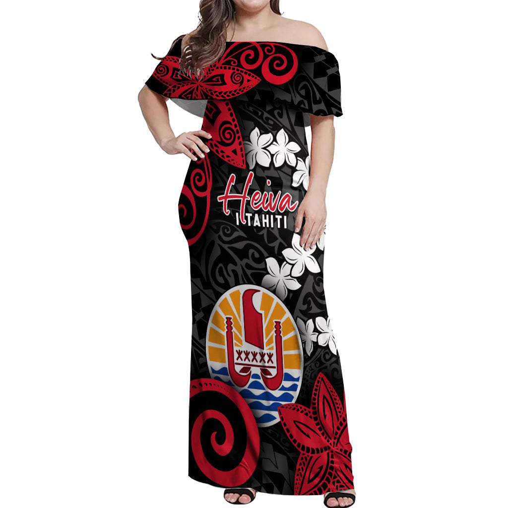 Tahiti Heiva Festival Off Shoulder Maxi Dress Floral Pattern With Coat Of Arms