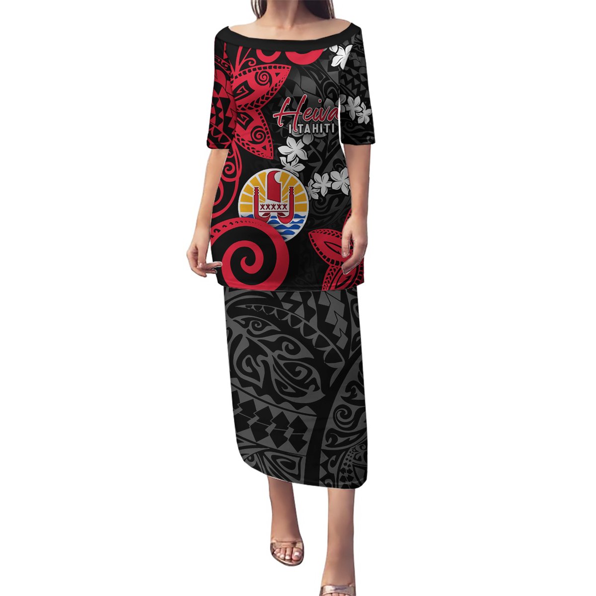 Tahiti Heiva Festival Puletasi Floral Pattern With Coat Of Arms LT05 Long Dress Black - Polynesian Pride