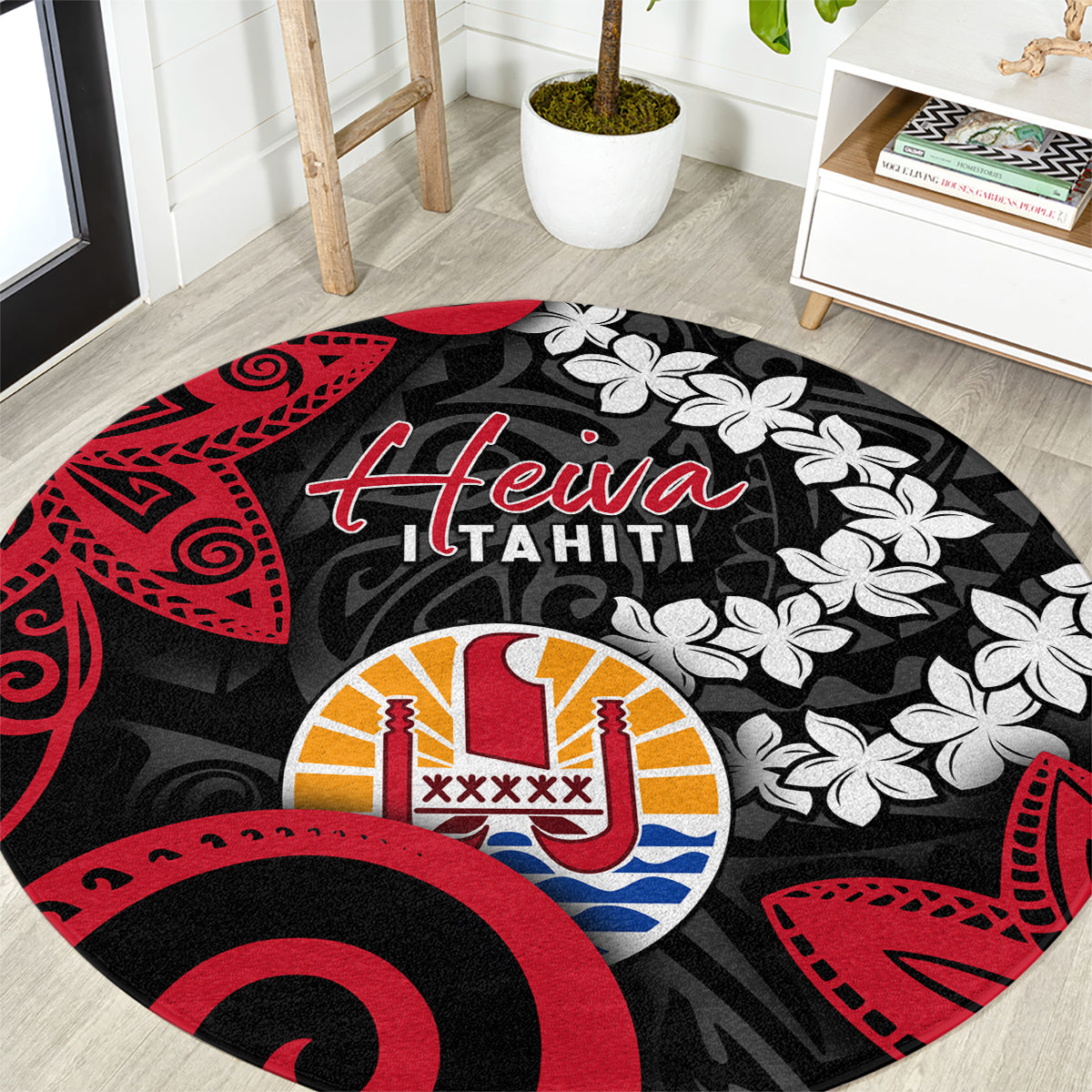 Tahiti Heiva Festival Round Carpet Floral Pattern With Coat Of Arms LT05 Black - Polynesian Pride