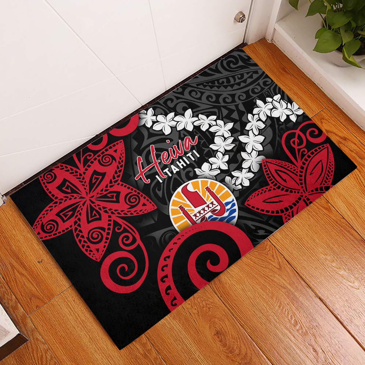 Tahiti Heiva Festival Rubber Doormat Floral Pattern With Coat Of Arms LT05 Black - Polynesian Pride