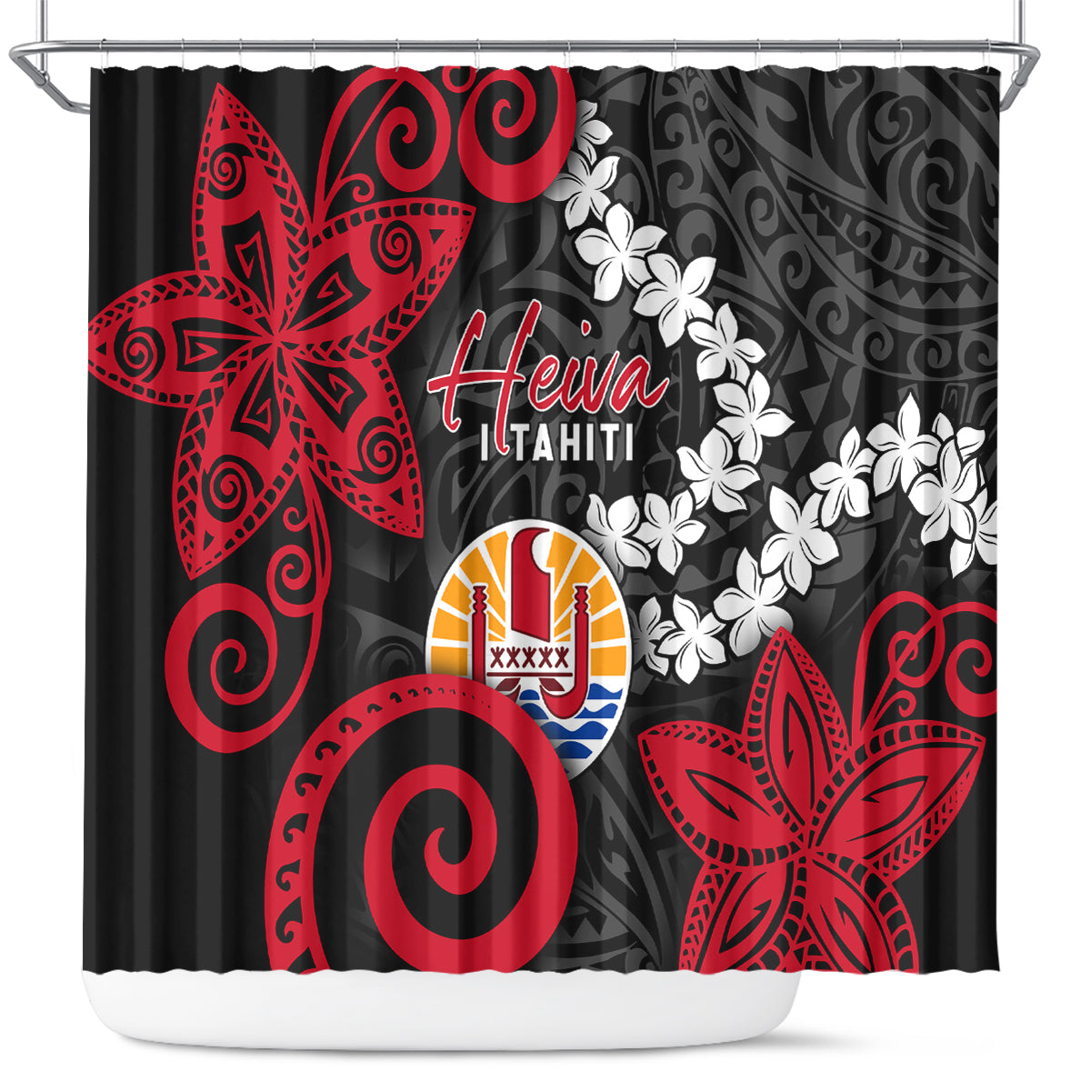 Tahiti Heiva Festival Shower Curtain Floral Pattern With Coat Of Arms LT05 Black - Polynesian Pride