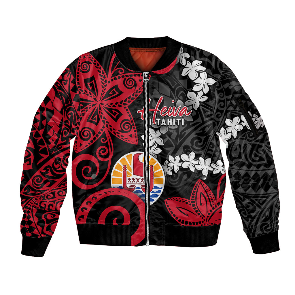 Tahiti Heiva Festival Sleeve Zip Bomber Jacket Floral Pattern With Coat Of Arms LT05 Unisex Black - Polynesian Pride