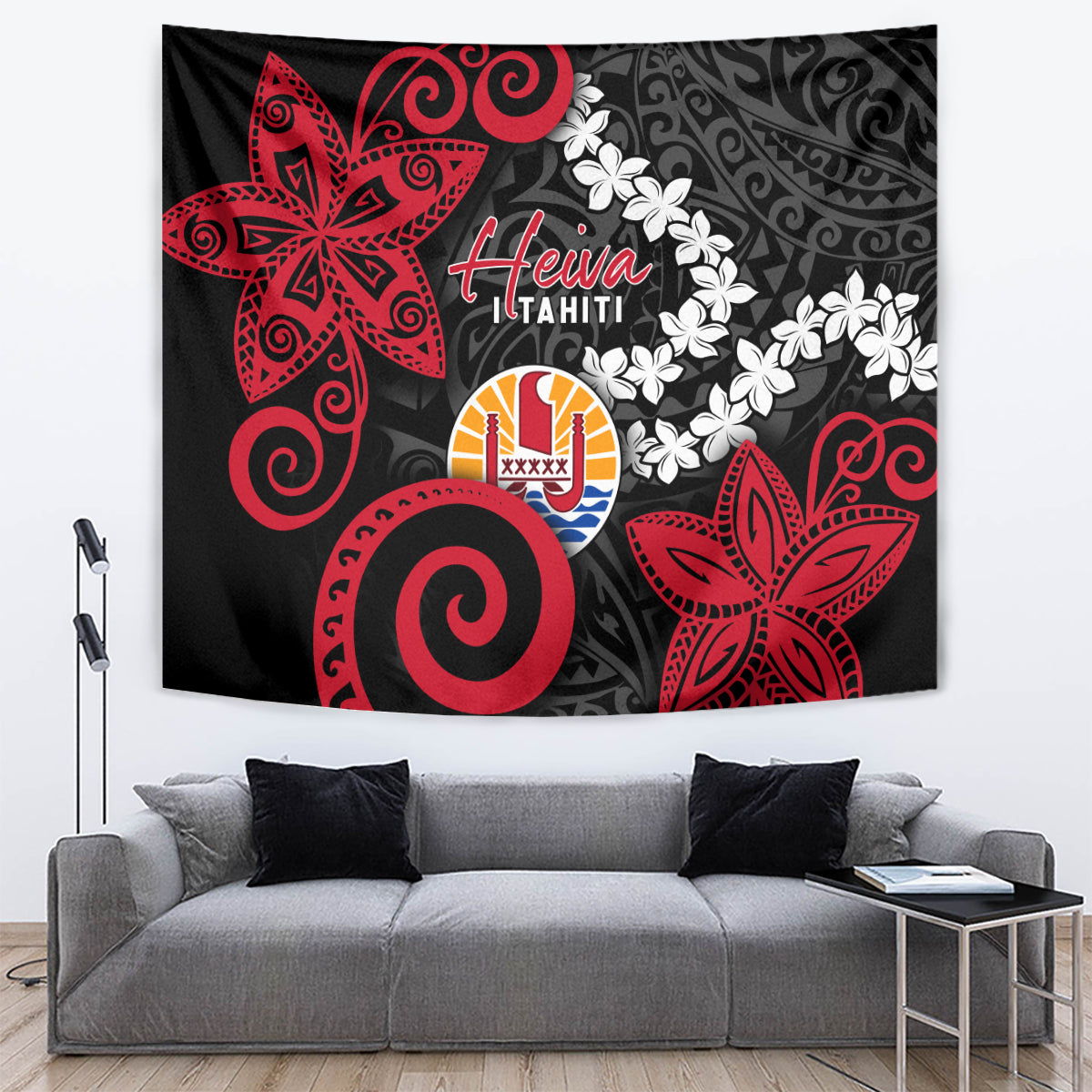 Tahiti Heiva Festival Tapestry Floral Pattern With Coat Of Arms LT05 Black - Polynesian Pride