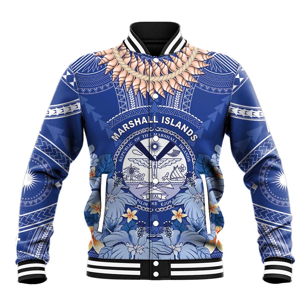 Marshall Islands Jemenei Day Baseball Jacket Polynesian Tribal Tattoo Seashell Necklace LT05 Unisex Blue - Polynesian Pride