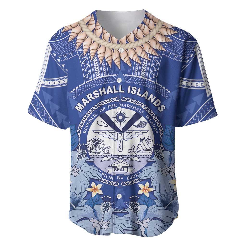 Marshall Islands Jemenei Day Baseball Jersey Polynesian Tribal Tattoo Seashell Necklace LT05 Blue - Polynesian Pride