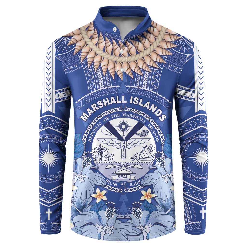 Marshall Islands Jemenei Day Button Sweatshirt Polynesian Tribal Tattoo Seashell Necklace LT05 Blue - Polynesian Pride