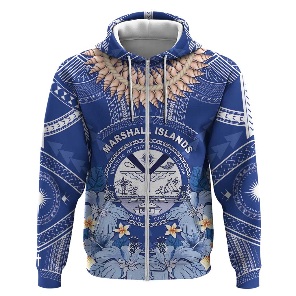 Marshall Islands Jemenei Day Hoodie Polynesian Tribal Tattoo Seashell Necklace LT05 Zip Hoodie Blue - Polynesian Pride