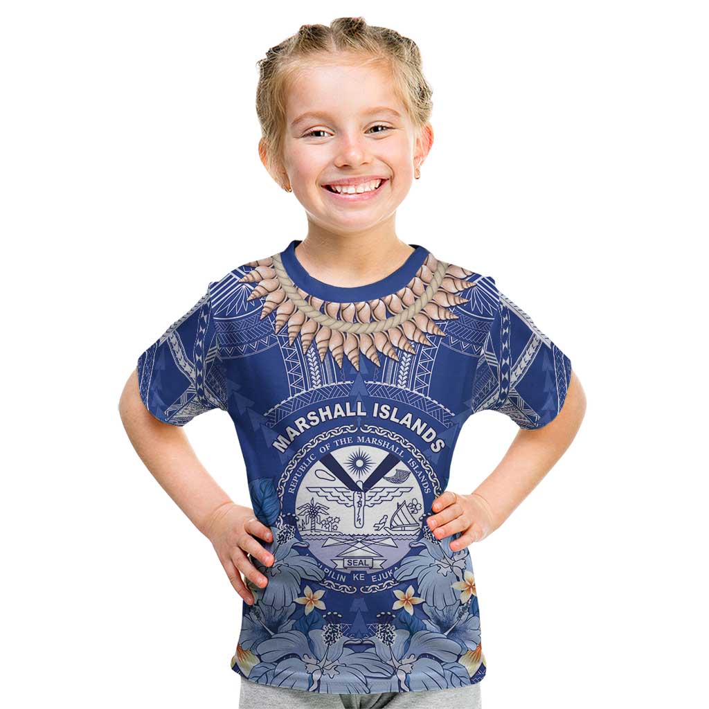 Marshall Islands Jemenei Day Kid T Shirt Polynesian Tribal Tattoo Seashell Necklace LT05 Blue - Polynesian Pride