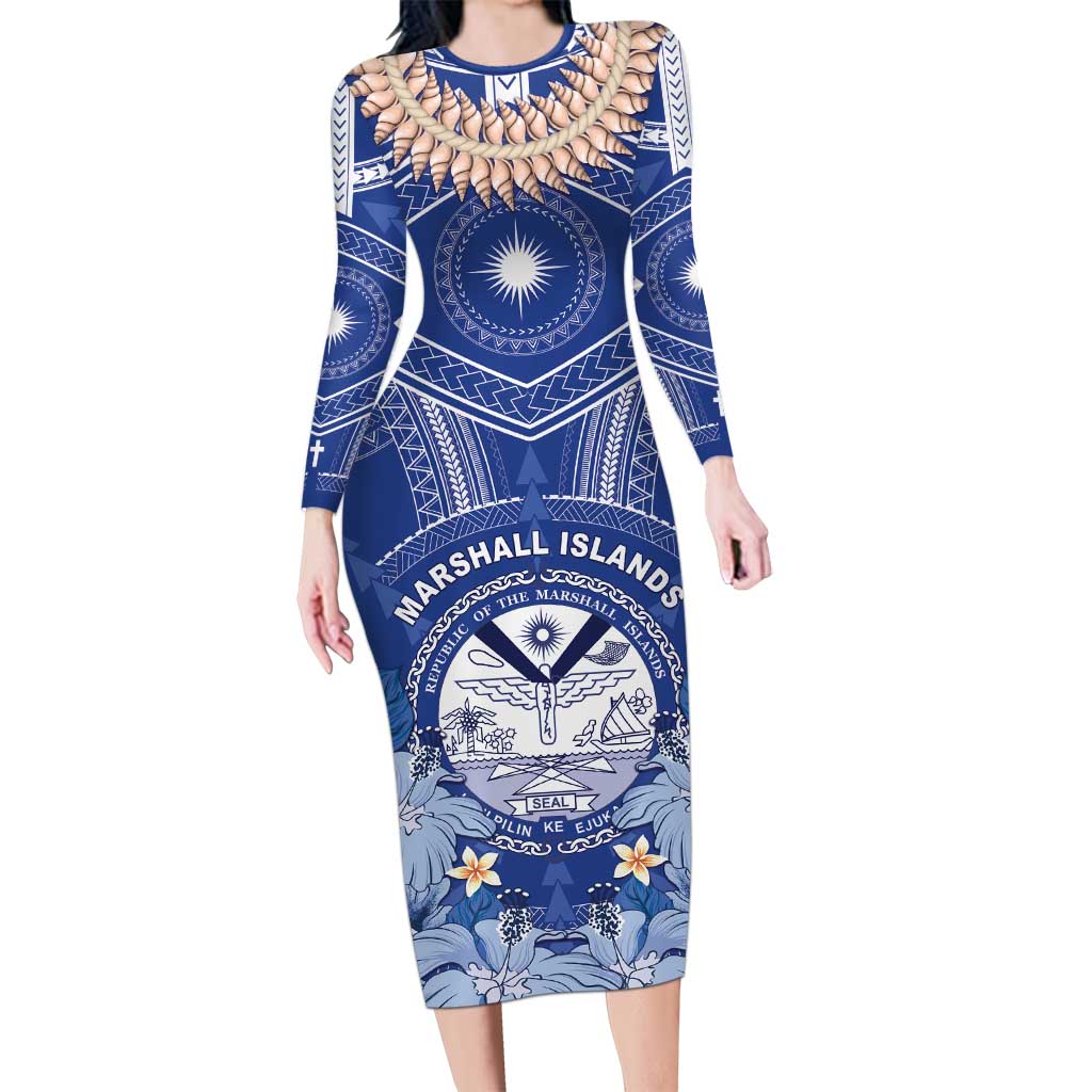 Marshall Islands Jemenei Day Long Sleeve Bodycon Dress Polynesian Tribal Tattoo Seashell Necklace