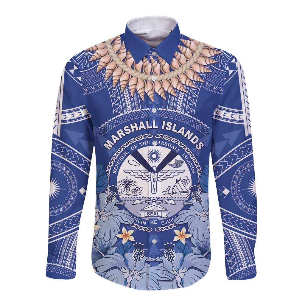 Marshall Islands Jemenei Day Long Sleeve Button Shirt Polynesian Tribal Tattoo Seashell Necklace LT05 Unisex Blue - Polynesian Pride