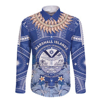 Marshall Islands Jemenei Day Long Sleeve Button Shirt Polynesian Tribal Tattoo Seashell Necklace LT05 Unisex Blue - Polynesian Pride