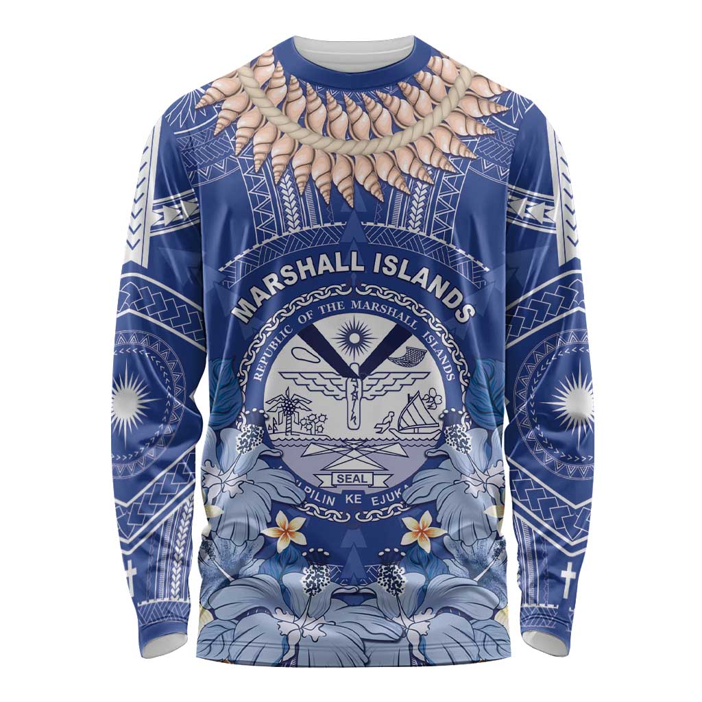 Marshall Islands Jemenei Day Long Sleeve Shirt Polynesian Tribal Tattoo Seashell Necklace LT05 Unisex Blue - Polynesian Pride