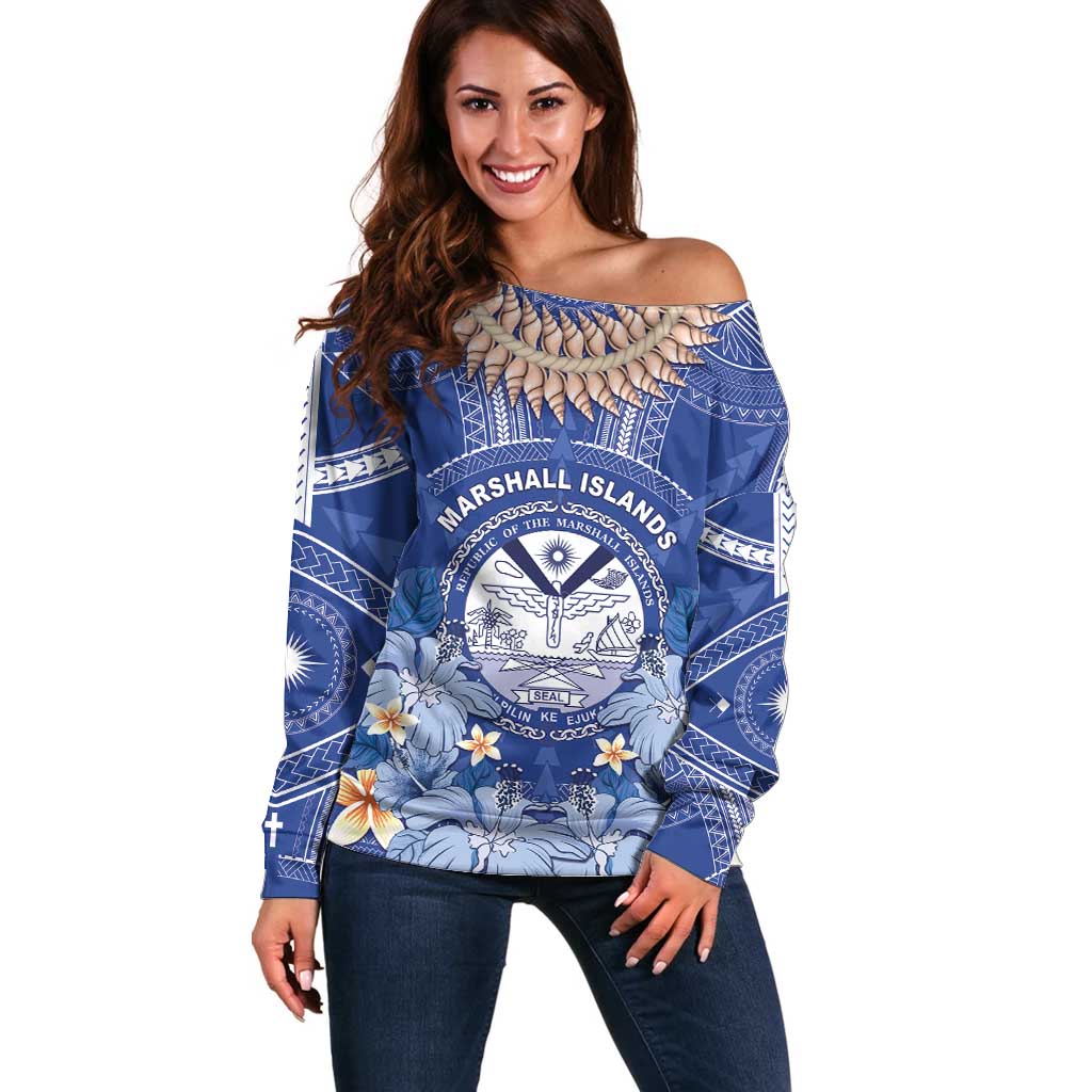 Marshall Islands Jemenei Day Off Shoulder Sweater Polynesian Tribal Tattoo Seashell Necklace