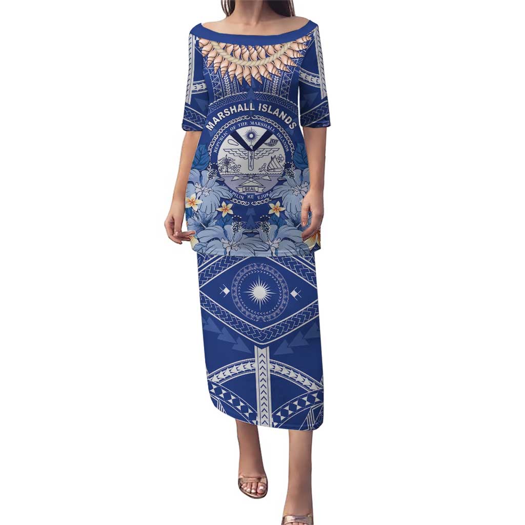 Marshall Islands Jemenei Day Puletasi Polynesian Tribal Tattoo Seashell Necklace LT05 Long Dress Blue - Polynesian Pride