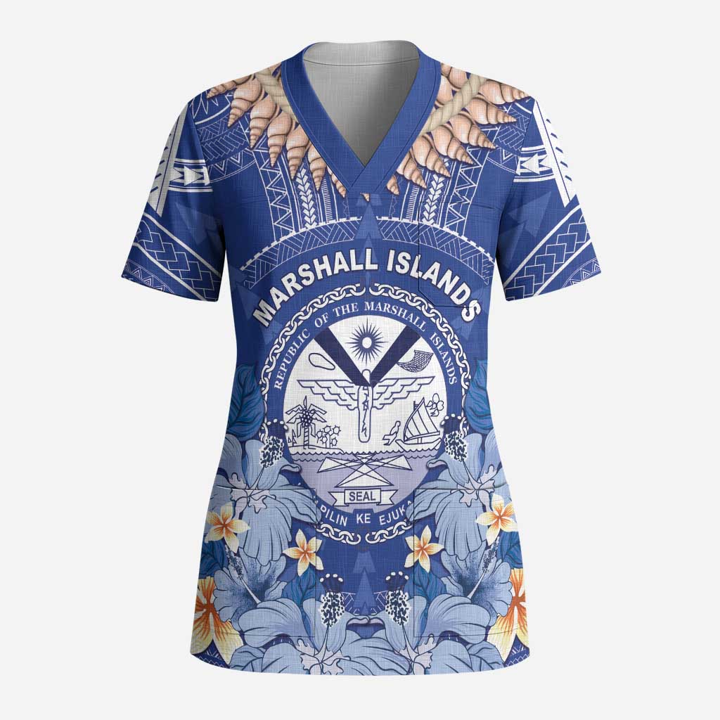 Marshall Islands Jemenei Day Scrub Top Polynesian Tribal Tattoo Seashell Necklace LT05 Adult Blue - Polynesian Pride