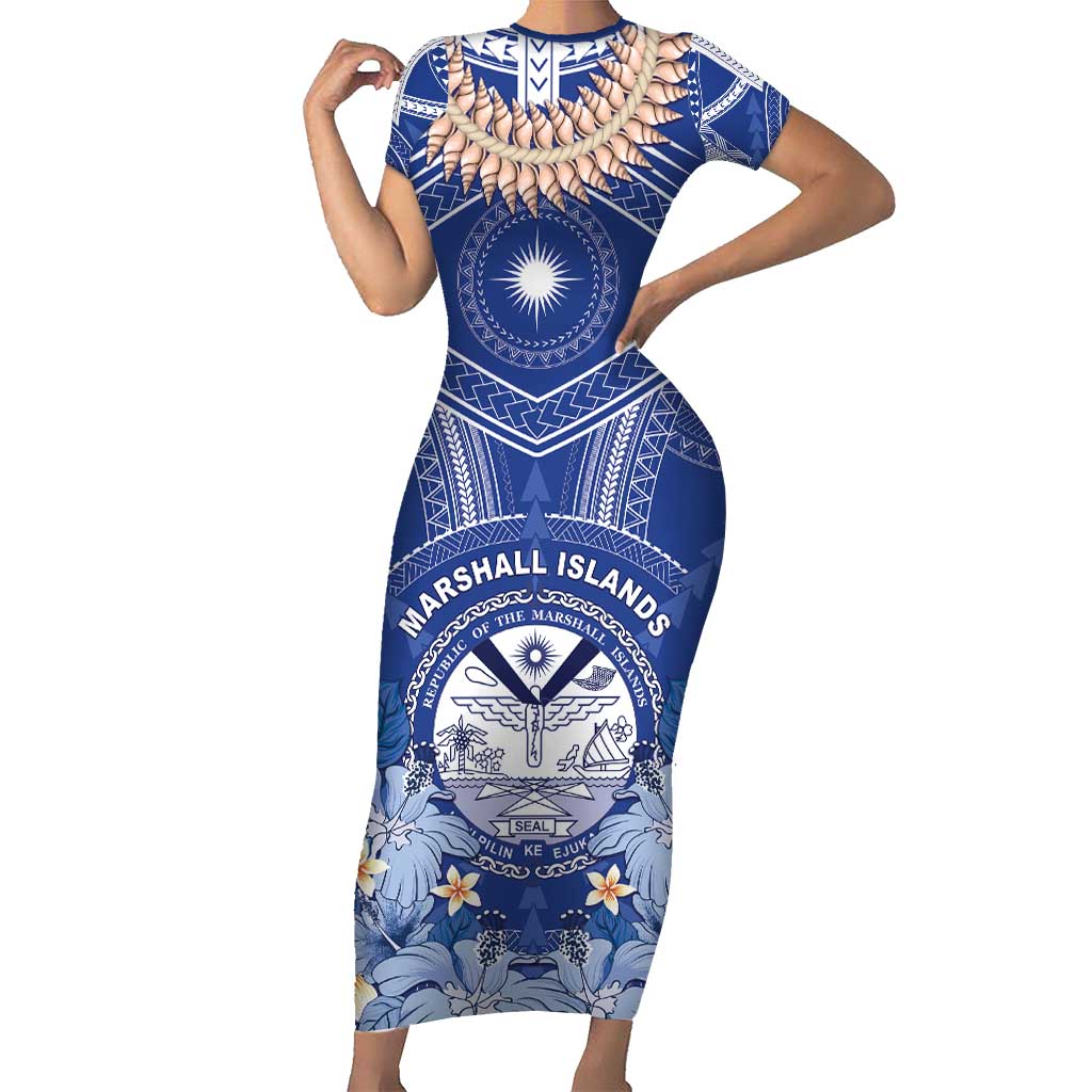 Marshall Islands Jemenei Day Short Sleeve Bodycon Dress Polynesian Tribal Tattoo Seashell Necklace