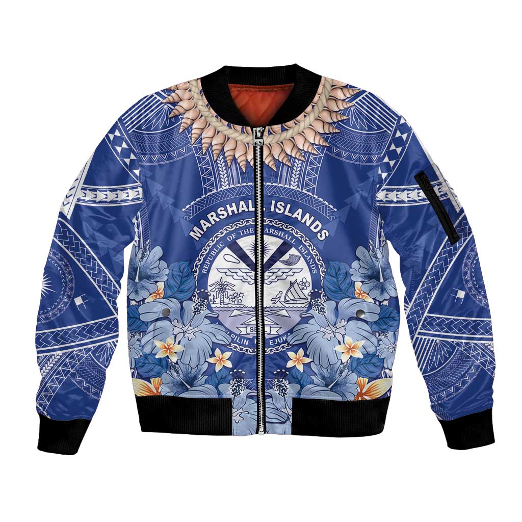 Marshall Islands Jemenei Day Sleeve Zip Bomber Jacket Polynesian Tribal Tattoo Seashell Necklace LT05 Unisex Blue - Polynesian Pride