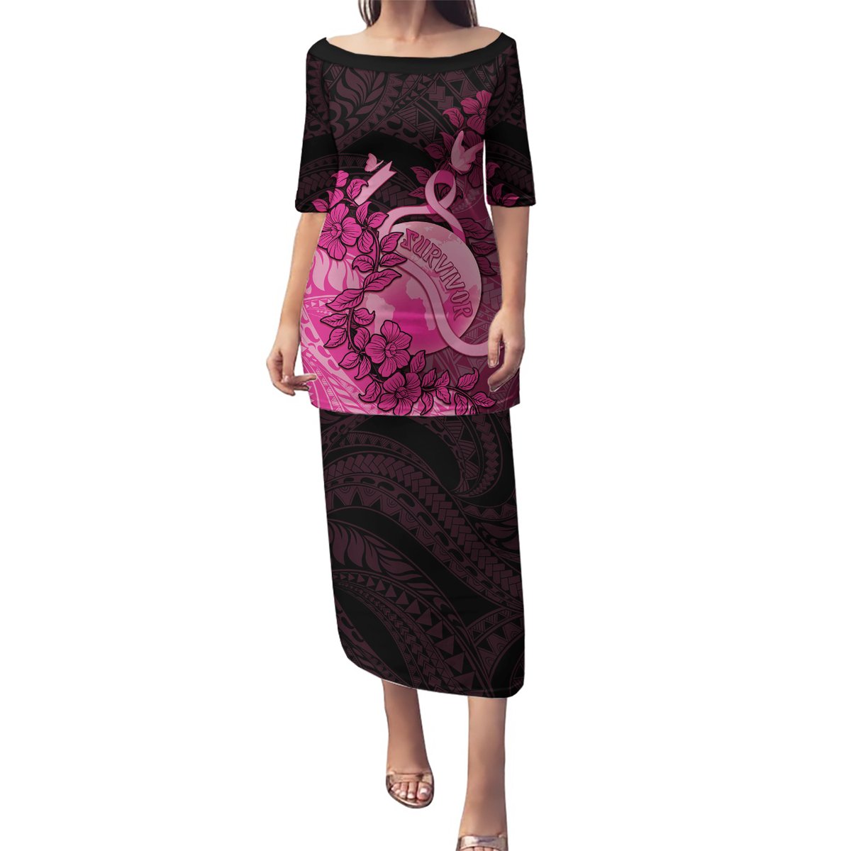 Personalised Cancer Fighter Puletasi I Beat Cancer LT05 Long Dress Pink - Polynesian Pride