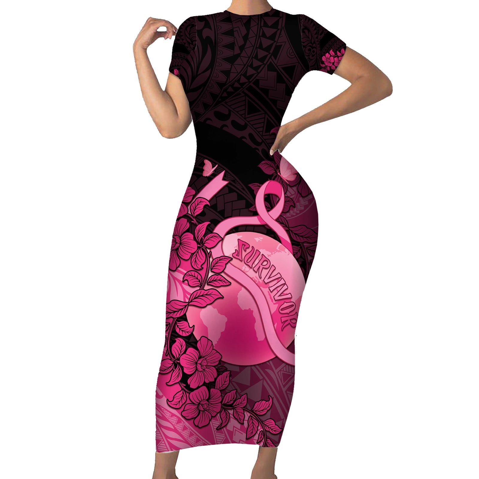 Personalised Cancer Fighter Short Sleeve Bodycon Dress I Beat Cancer LT05 Long Dress Pink - Polynesian Pride