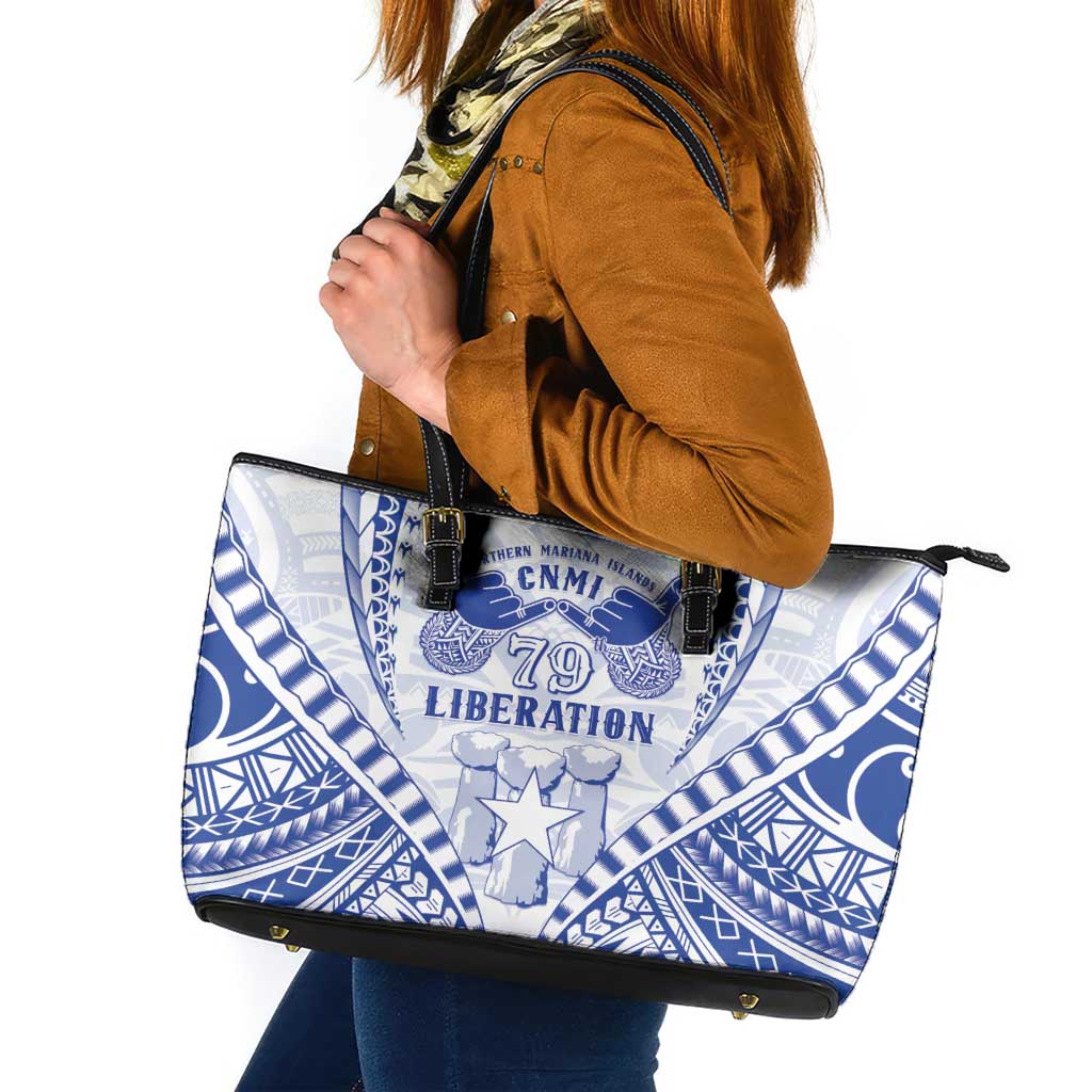 Northern Mariana Islands Liberation Day Leather Tote Bag 79th Anniversary LT05 Blue - Polynesian Pride