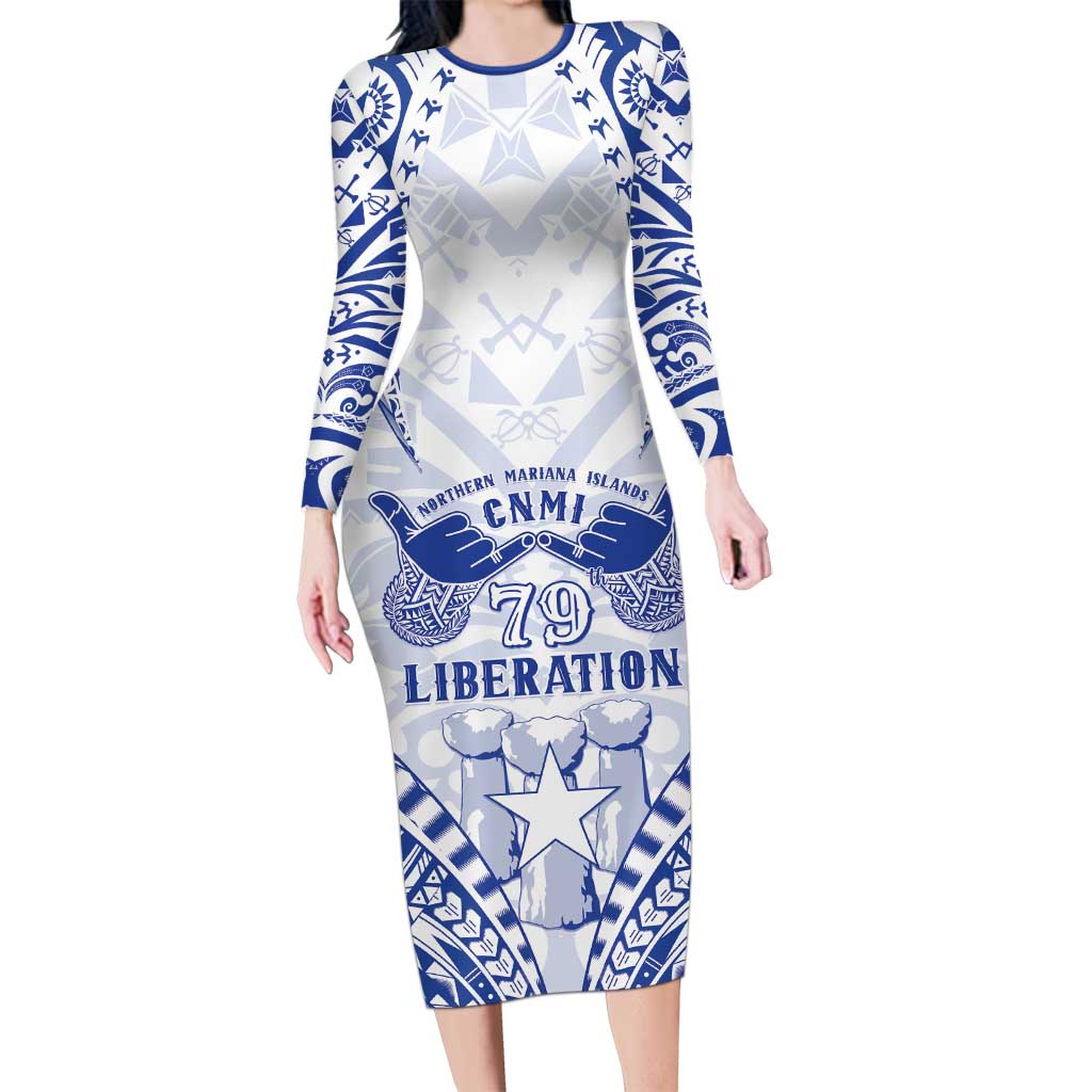 Northern Mariana Islands Liberation Day Long Sleeve Bodycon Dress 79th Anniversary LT05 Long Dress Blue - Polynesian Pride